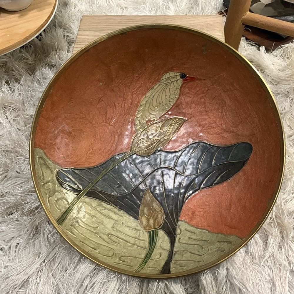 Vintage Kingfisher Enamel & Brass Bird Dish Decor Made In India